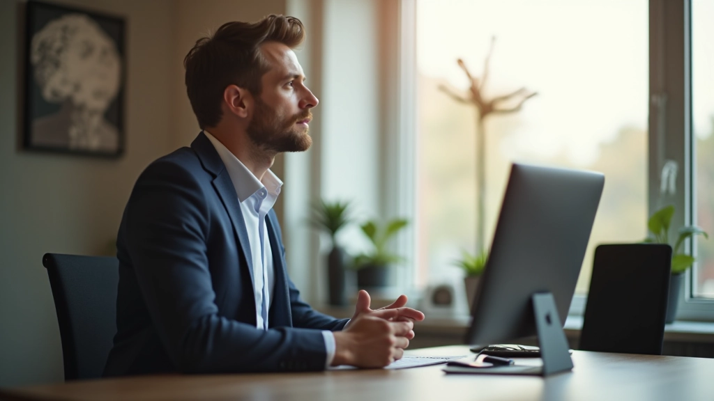 Homme professionnel en costume assis à son bureau, regardant par la fenêtre dans une posture méditative