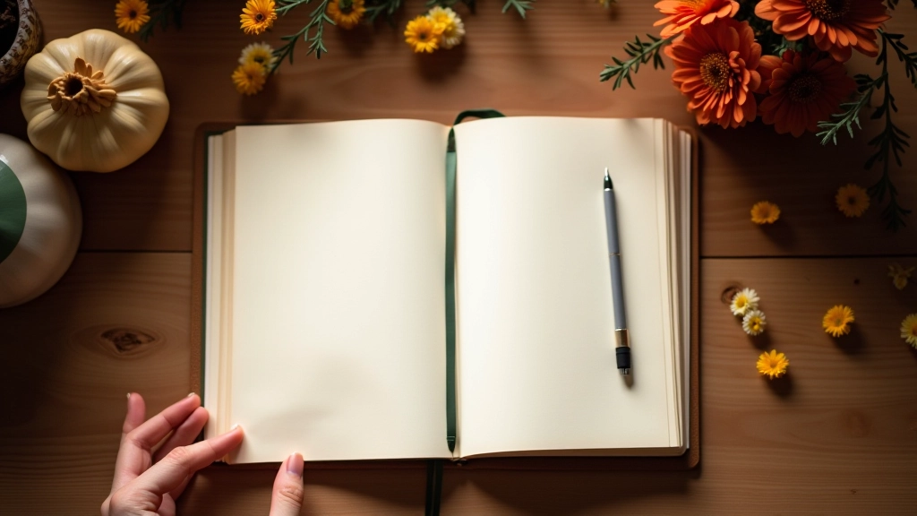 Carnet de méditation ouvert avec stylo et fleurs séchées pour la pleine conscience