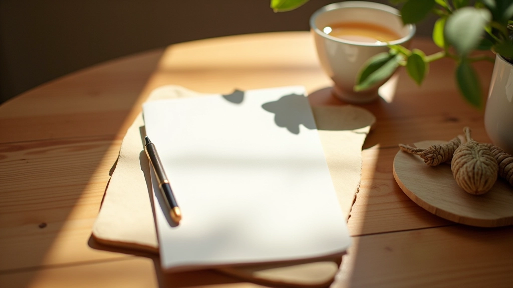 Carnet ouvert avec notes sur la méditation et pleine conscience posé sur une table en bois naturel