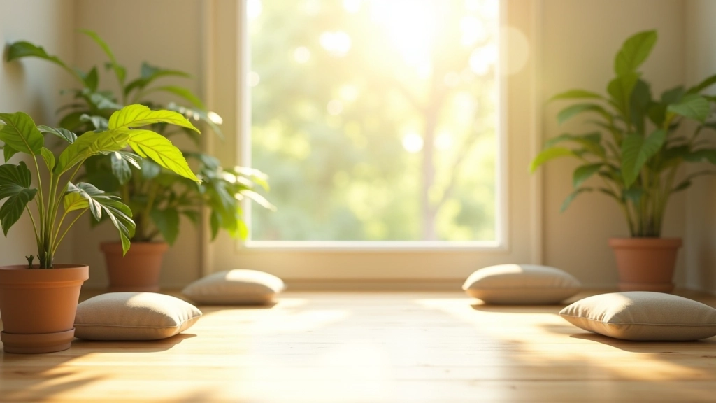 Espace de méditation serein avec lumière naturelle, plantes, coussins, ambiance paisible et calme