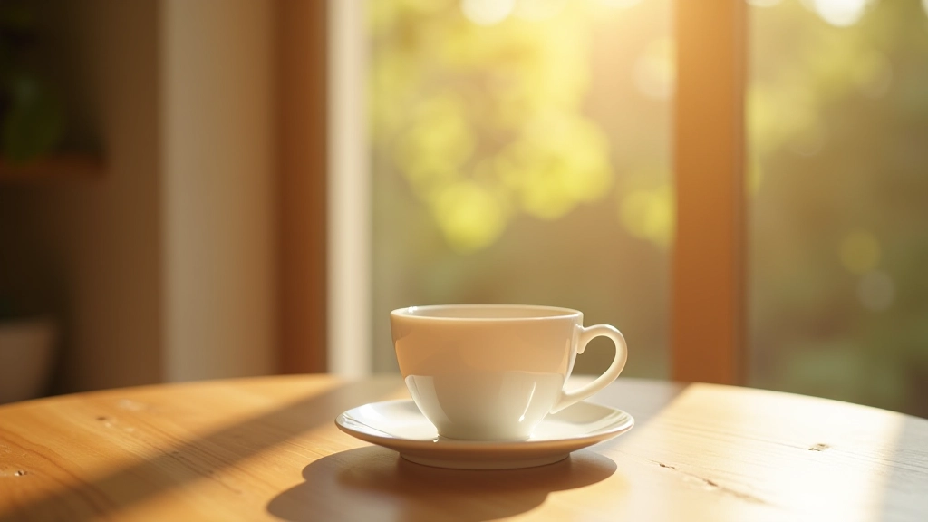 Tasse de thé chaude posée sur une table près d'une fenêtre lors du moment de méditation du matin